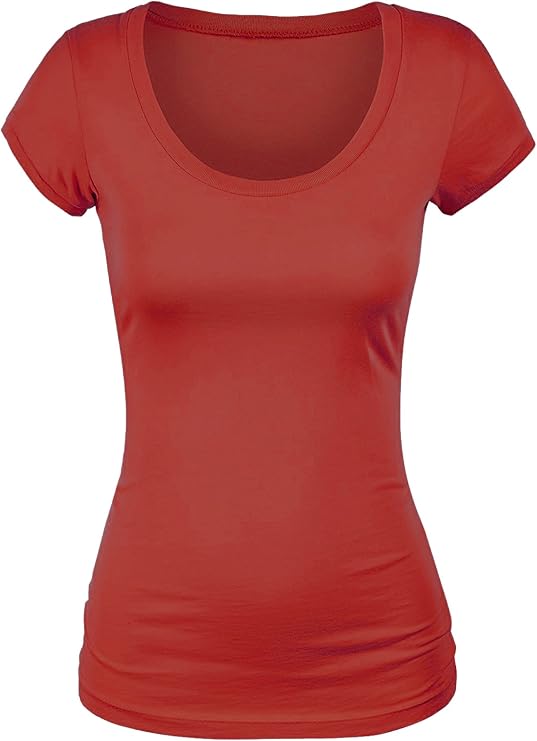 Active Basic Womens Plain Basic Deep Scoop Neck with Cap Short Sleeves - Rust - Large