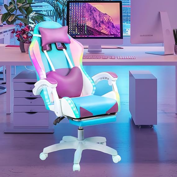 cdar Gaming Chair for Adults, Bluetooth Speakers Video Game Chairs with Footrest Massage Lumbar 360 Swivel Height Adjustable Gaming Chair 397lbs Capacity Red Purple