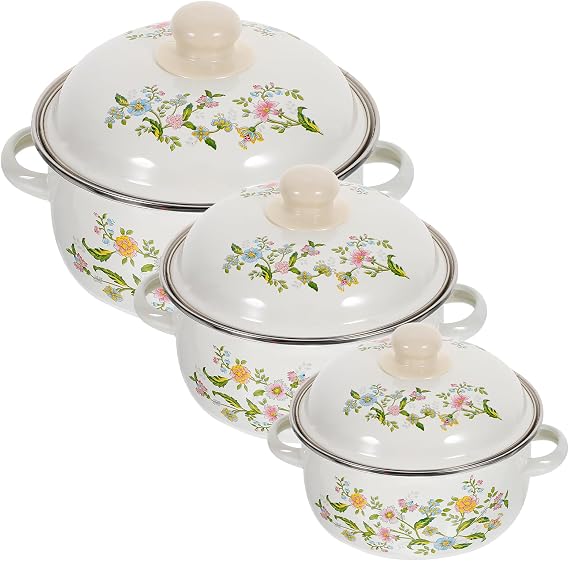 3Pcs Enamel Cooking Pot Set: Multi-Functional Double Ear Soup Pots with Lid, Flat Bottom Stockpots for Home Restaurant Use