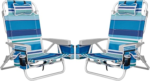 2Pk Aluminum Extra Wide 5-Position Lay Flat Folding Backpack Beach Chairs for Adults, with Cooler Bag, Cup&Phone Holder, Towel Bar for Outdoor Lawn Picnic Sport, Portable Camping Chairs, Blue Stripes