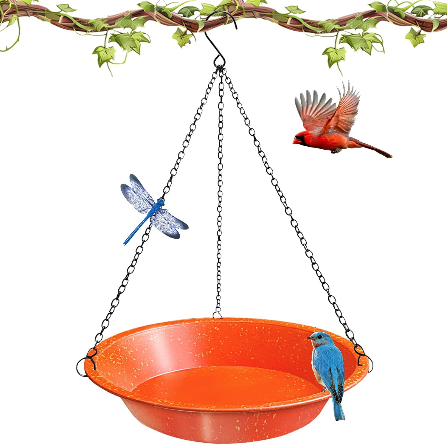 Hanging Bird Bath for Outdoors–Rust Proof Orange Bird Water Bowl with Dragonfly Decor,11.4 Inch Shallow Bird Feeder Tray with Chains,Garden Decor for Yard, Patio, Wild Birds