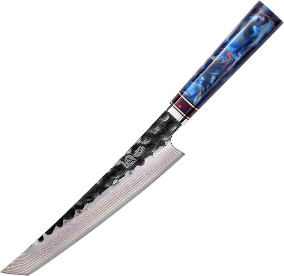 MITSUMOTO SAKARI 21 cm Japanese Knife Hand Forged Kitchen Fair Tri-colour copper damascus steel professional meat sushi kitchen knife blue resin handle and exquisite wooden box