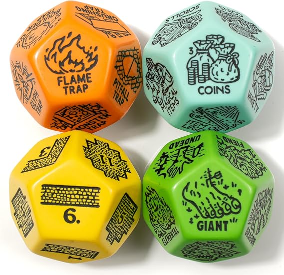 Generator/Randomization Dungeon Dice Set (4) Jumbo D12 Dice | Create: Monster Type, Treasure, Map Layout, Traps | Designs for D&D DND Pathfinder Dungeons and Dragons | Game Masters Aide (Colorful-2)
