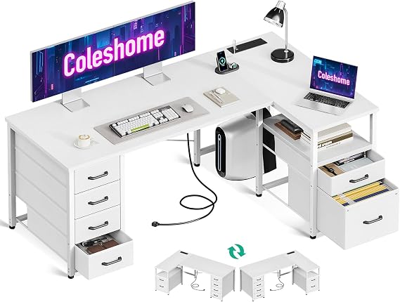 Coleshome L Shaped Computer Desk with 6 Drawers & Power Outlet, 140×80cm | Reversible Corner Office PC Desk with File Storage, for Study, Bedroom, Home Office Workstation and Small Spaces, White