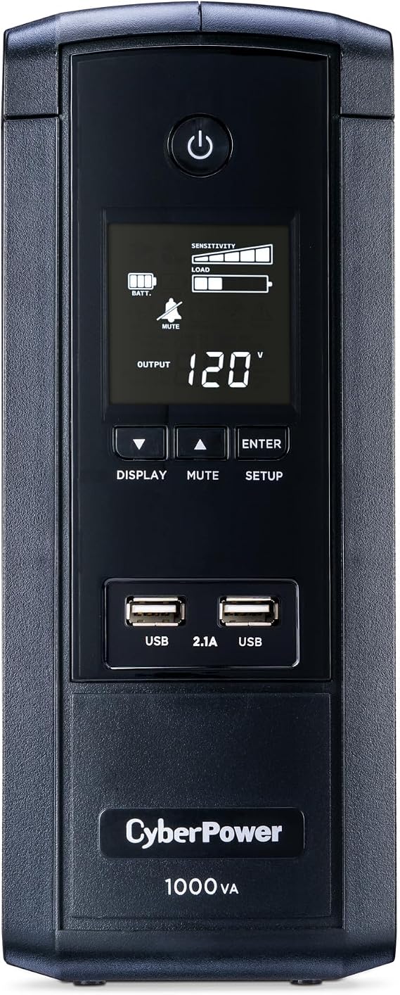 CyberPower BRG1000AVRLCD Intelligent LCD UPS System, 1000VA/600W, 10 Outlets, AVR, Mini-Tower,