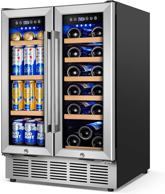 24" Dual Zone Wine and Beverage Refrigerator, Under Counter with Glass Door