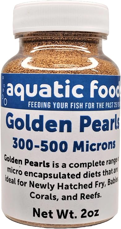 Golden Pearls 300-500 Micron Size for Fry, uveniles of Shrimp, Axolotls, Discus, Cichlids, Catfish, Tetras, Angel Fish, Guppies, Bettas, Goldfish, Corals, Reefs...2oz Bottle