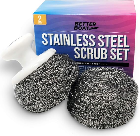 Stainless Steel Scrubber Set, Marine Grade Steel Wool Scouring Pads Scrub with Brush Handle, Heavy Duty Cleaning Supplies for Kitchen,Teak Wood, Outdoor Furniture, and Metal