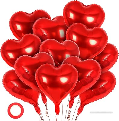 12 Pcs Red Heart Balloons,18 Inch Heart Foil Balloons Love Balloon Valentine Balloon for Birthday Party Wedding Engagement Party Baby Shower Valentine Day Decorations red