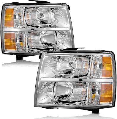 WEELMOTO Headlights Pair Assembly for 2007 2008 2009 2010 2011 2012 2013 Chevy Silverado 1500, Compatible with 07-14 Chevy Silverado 2500HD 3500 Headlamp Replacement Chrome Housing Amber Reflector