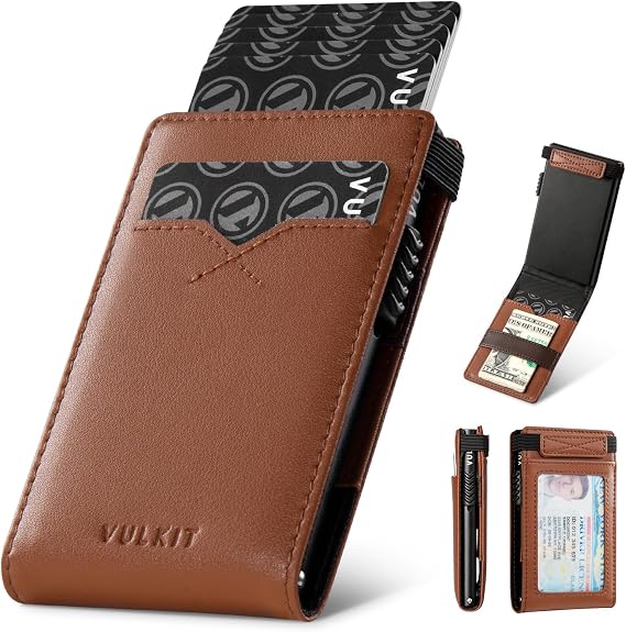 VULKIT Minimalist Wallet with Money Band RFID Wallet for Mens Pop Up Wallet Leather Wallet with ID Window & Elastic Band Closure