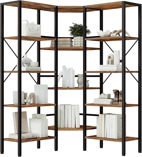 HOOBRO Industrial Corner Bookshelf, 5-Tier L-Shaped Bookcase, Open Display Storage Rack, Floor Standing Storage Shelf, for Living Room, Bedroom, Home Office, Rustic Brown and Black BF68SJ01