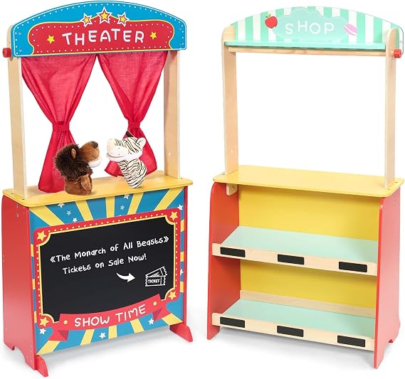 Rundad Wooden Puppet Theater Bonus 2 Hand Puppet, Double-Sided Lemonade Stand & Puppet Show Theater for Kids, Wood Deluxe Children Puppet Theatre Toy with Chalkboard