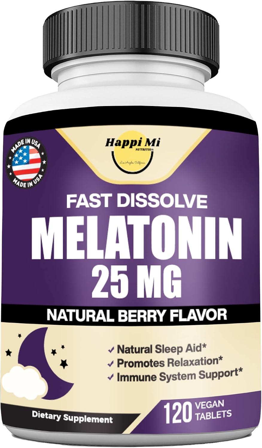 Melatonin 25mg, Extra Strength with L-Theanine & Vitamin B-6, Fast Dissolve Tablets, Sleep Support, Relaxation, Restful Sleep, Drug Free, Natural Berry Flavor, 120 Chewable Tablets
