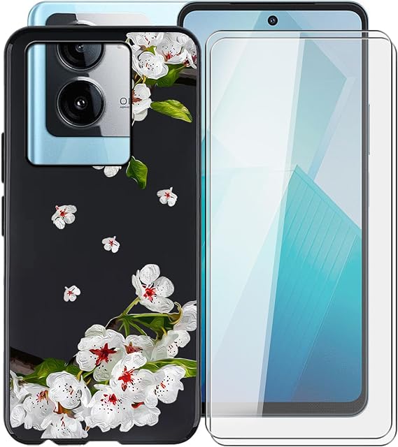 for Vivo iQOO Z9 Case, with [ 2 x Screen Protector Tempered Glass Film], Black Soft Silicone Cover Shockproof Bumper Protection Case for Vivo iQOO Z9 (6.67") - Pear Blossom
