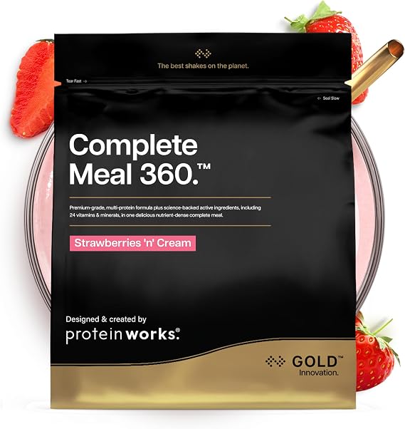 Protein Works | Complete Meal 360 - Gold, Strawberries 'n' Cream, 500g | Nutritionally Complete Meal Replacement Shake, High Protein, 165 Health Benefits, 24 Vitamins & Minerals, Omega 3, 5 Meals