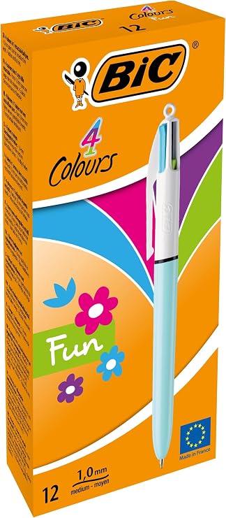 BIC 4 Colours Fun Tükenmez Kalem, 12'li Kutu, 1.0mm Uç, Tek Kalemde Pembe, Mor, Turkuaz ve Açık Yeşil Renkler