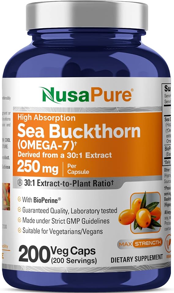 Sea Buckthorn Omega-7, Non-GMO, Vegan, 250mg, 200 Veg Caps - 200 Servings