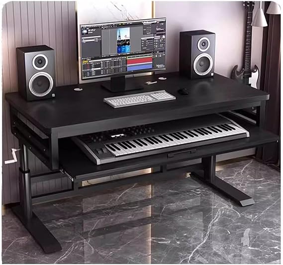 Music Studio Desk Workstation with Keyboard Tray, Organized Wiring & Keyboard Shelf Workbench Electronic Piano Midi Keyboard Music Production Recording Studio Hand-cranked Lifting Table(Black,55in)
