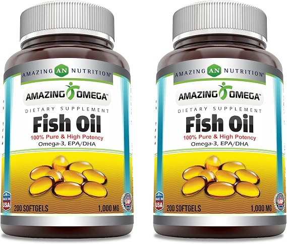 Amazing Omega Fish Oil 1000 mg Softgels Supplement | Omega-3, 180 mg EPA. 120 mg DHA | High Potency 200 Count | 2 Pack
