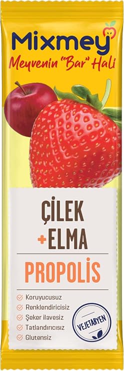 Mixmey Bee Çilek Ve Propolis Meyve Bar | Vejetaryen, Glutensiz Sağlıklı Atıştırmalık - 25gr X 12 Adet