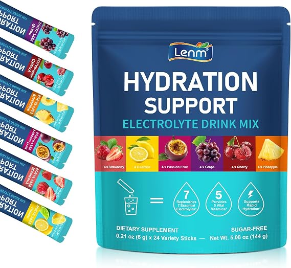 Electrolyte Drink Mix for Rapid Hydration, 7 Essential Electrolytes with 5 Vitamins, Zero Sugar Hydration Powder, Vegan, 24 Sachets, 6 Fruit Flavours