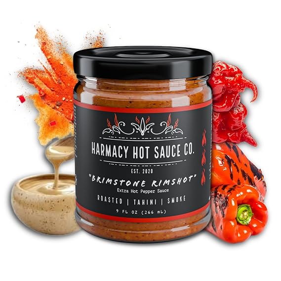 Brimstone Rimshot - Extra Hot Roasted Red Pepper & Tahini Hot Sauce by Harmacy Hot Sauce Co, 9oz, Award-Winning Small-Batch Artisan Spicy Sauce Vegan, Gluten-Free, Bold Mediterranean Flavor & Heat