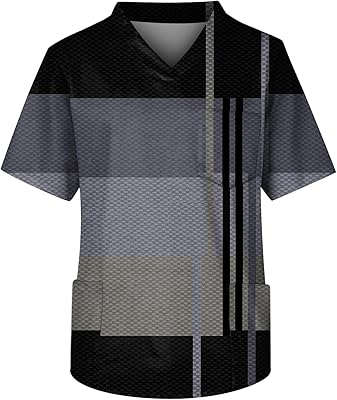 Scrub Tops for Men Casual Striped Plaid Printed Shirt V-Neck Comfort Soft Stretch Working Uniform 2024 Trendy