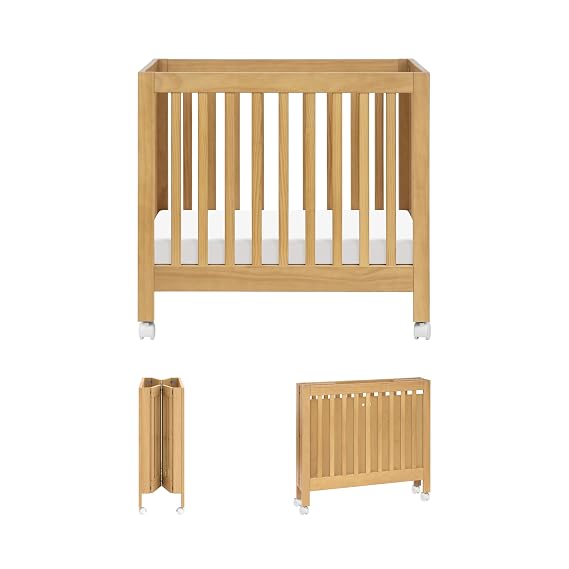 Babyletto Origami Mini Portable Crib Folding with Wheels in Honey, 2 Adjustable Mattress Positions, Greenguard Gold Certified
