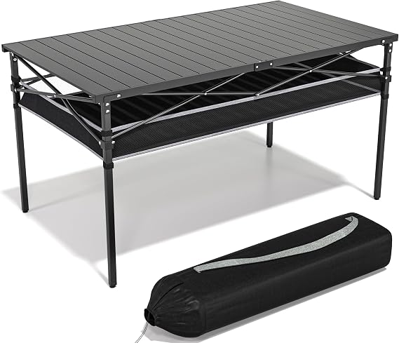 Folding Camping Table with Aluminum Roll-up Top, 118x71cm