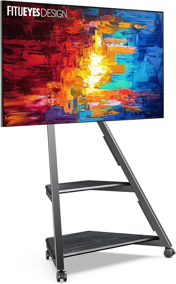 FITUEYES Mobile TV Stand on Wheels with 2 Shelves for 32-65 Inchs, Black