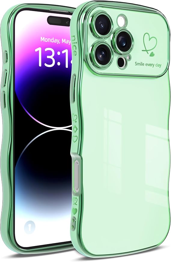 IAIYOXI iPhone 15 Pro 用 ケース iPhone 15 Pro 用 ケース - カーリーシェイプのキュートなウェーブデザイン ハート柄 盛り上がったカメラ保護 高級メッキ加工 耐衝撃 iPhone 15 Pro, グリーン