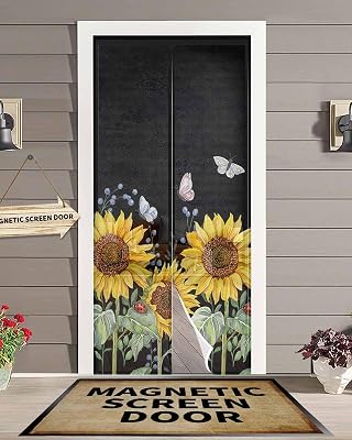 Screen Door 38x83 Oil Painting Sunflower Park Butterfly Door Screen Magnetic Closure, Black Hands Free Magnetic Screen Door for SingleSlidingFront Door