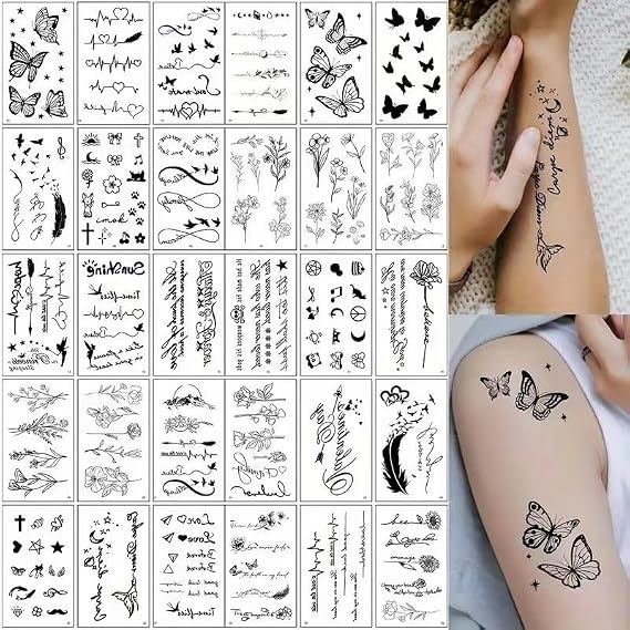 Fine Line Temporary Tattoos, 30 Sheets, Festival Body Art with Flowers, Butterflies, Words and Patterns