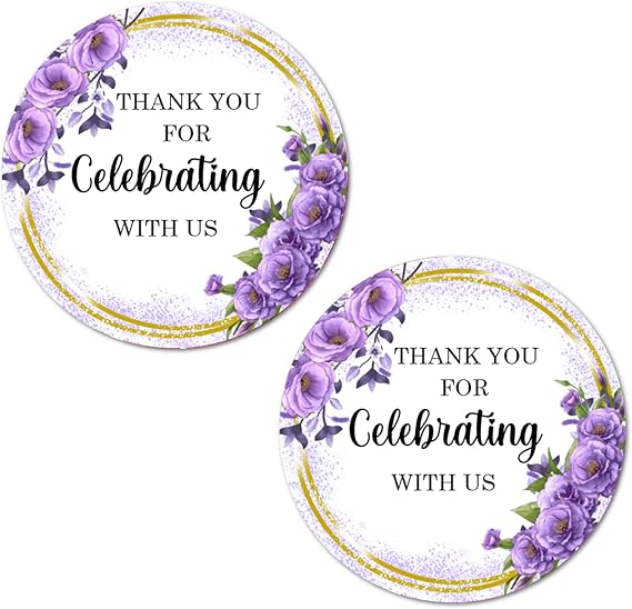 40 Violet Flowers Thank You for Celebrating with Us Stickers, 2 Inch Big Round Glossy Labels, Great for Weddings, Bridal Shower, Engagement Party, Party Favors Decor, Tags, Supplies. Made in USA.