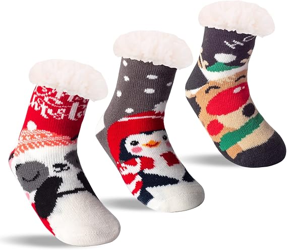 FENELY 3 Pairs Kids Boys Girls Slipper Socks Winter Sherpa Lined Fuzzy Warm Soft Non Skid