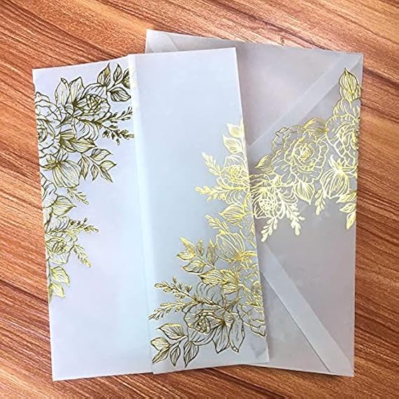 LUCKY STAR 25 sets Shiny Gold foil Floral Embossing Vellum Wedding Invitations Cards with Envelopes Blank Inner Sheets for Bridal Shower Baby Party Engagement Anniversary Invite Sweet 16