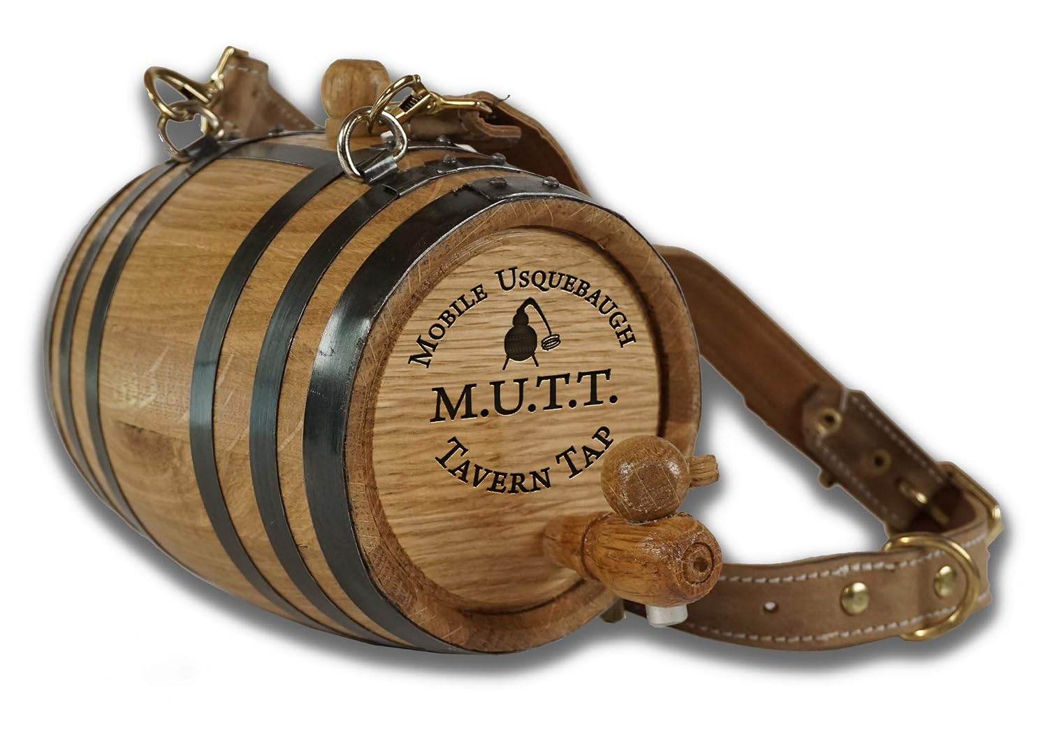 St Bernard Whiskey Barrel Collar for Dog, M.U.T.T. - 12 Liter Oak Aging Barrel Dispenser for Saint Bernard Dogs with Adjustable, Real Leather Harness Strap