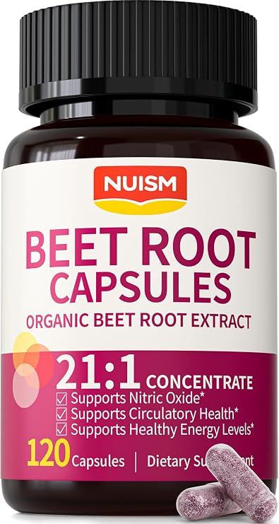 Organic Beet Root Capsules - Beetroot Extract 17850mg 21:1 Concentrate Beets Supplements for Nitric Oxide, Healthy Blood Pressure, Blood Flow Circulation, Energy Gluten-Free 120 Powder Caps