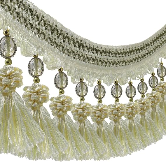 3yards Pom Pom Curtain Fringe Trim Beads Ball Tassel Trimming Sewing Ribbon Upholstery Fabric (Beige)