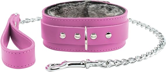 Alexandria Collar Metal Chain Leash Latigo Leather Faux Chinchilla Fur Lining