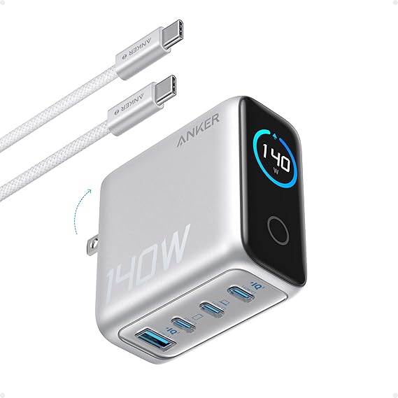Anker Dizüstü Bilgisayar Şarj Cihazı, 140W MAX USB C Şarj Cihazı, 4 Bağlantı Noktalı Çoklu Cihaz Hızlı Şarj, Gelişmiş GaN Güç Adaptörü, Sezgisel Dokunmatik Kontroller, MacBook, iPhone 16 Serisi