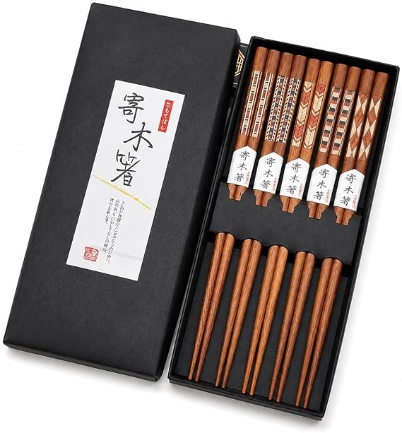 Valkyrie 5 Çift Ahşap 22,5cm Yemek Çubuğu Seti Hediyelik Kutulu Japon Çin Kore Sushi Chopstick