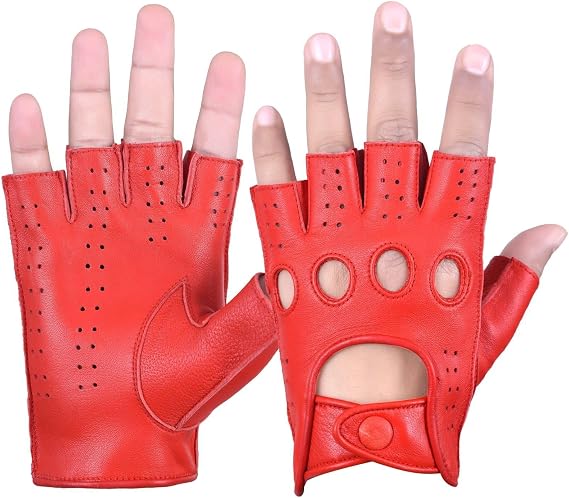 DRIVING GLOVES HALF FINGER FINGERLESS KNUCKLE HOLES FOR MEN GENUINE LEATHER (Medium, Red)