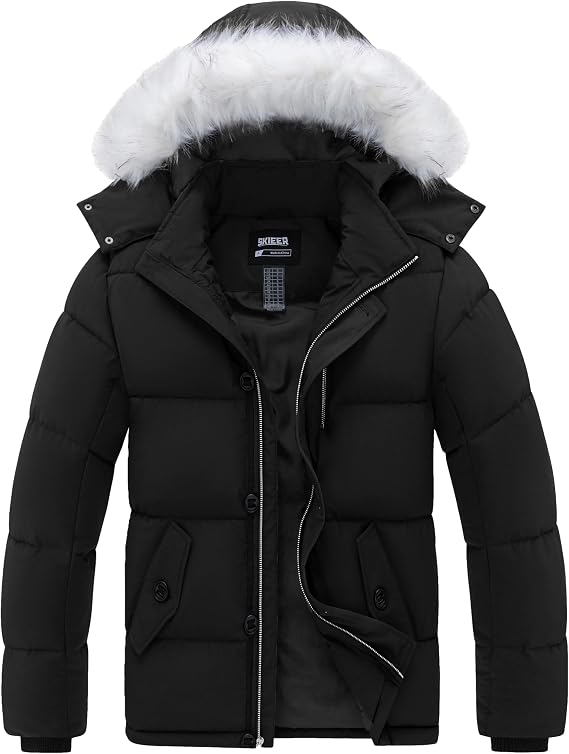 Skieer Men's Hooded Puffer Jacket Outdoor Waterproof Winter Coat Warm Parka with Detachable Hood