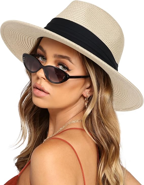 FURTALK Womens Mens Wide Brim Straw Panama Hat Fedora Summer Beach Sun Hat