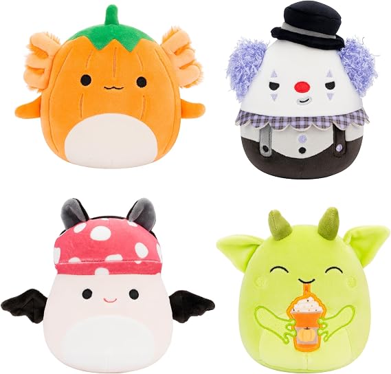 Squishmallows Original 5-Inch Halloween 4-Pack Gabin Pumpkin Axolotl, Fitzy Goblin Holding Latte, Malcolm Bat Mushroom, Ms. K Purple Clown Official Jazwares Plush (Little)