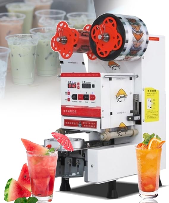 Electric Cup Sealing Machine Fully Automatic Commercial Cup Sealer Juice Drink Boba Maker Machine 400-600Cups/hr,Plastic Cup Sealer (White 110v)