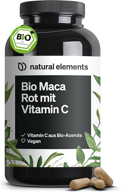 natural elements Organic Maca Red - 3000 mg Organic Maca Red per Daily Dose - 180 Capsules - With Natural Vitamin C No Magnesium Stearate - Certified Organic High Dose Vegan Laboratory Tested