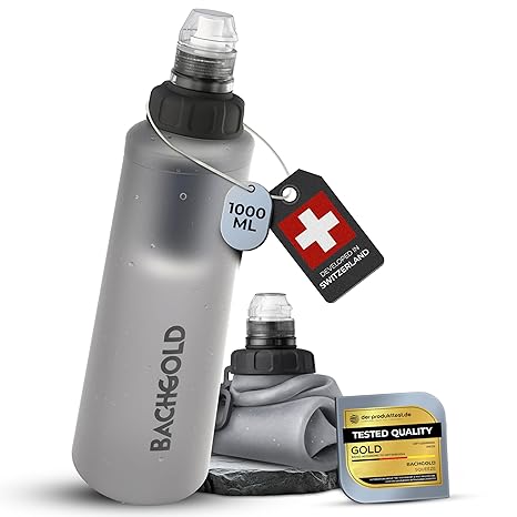 Water Filter Camping – Bachgold Squeeze Foldable Squeeze Bottle | Ultralight Backpacking Filtration for Hiking, Survival & Emergency | Dual-Stage Filtration, Swiss Design (White, 1000 ml)